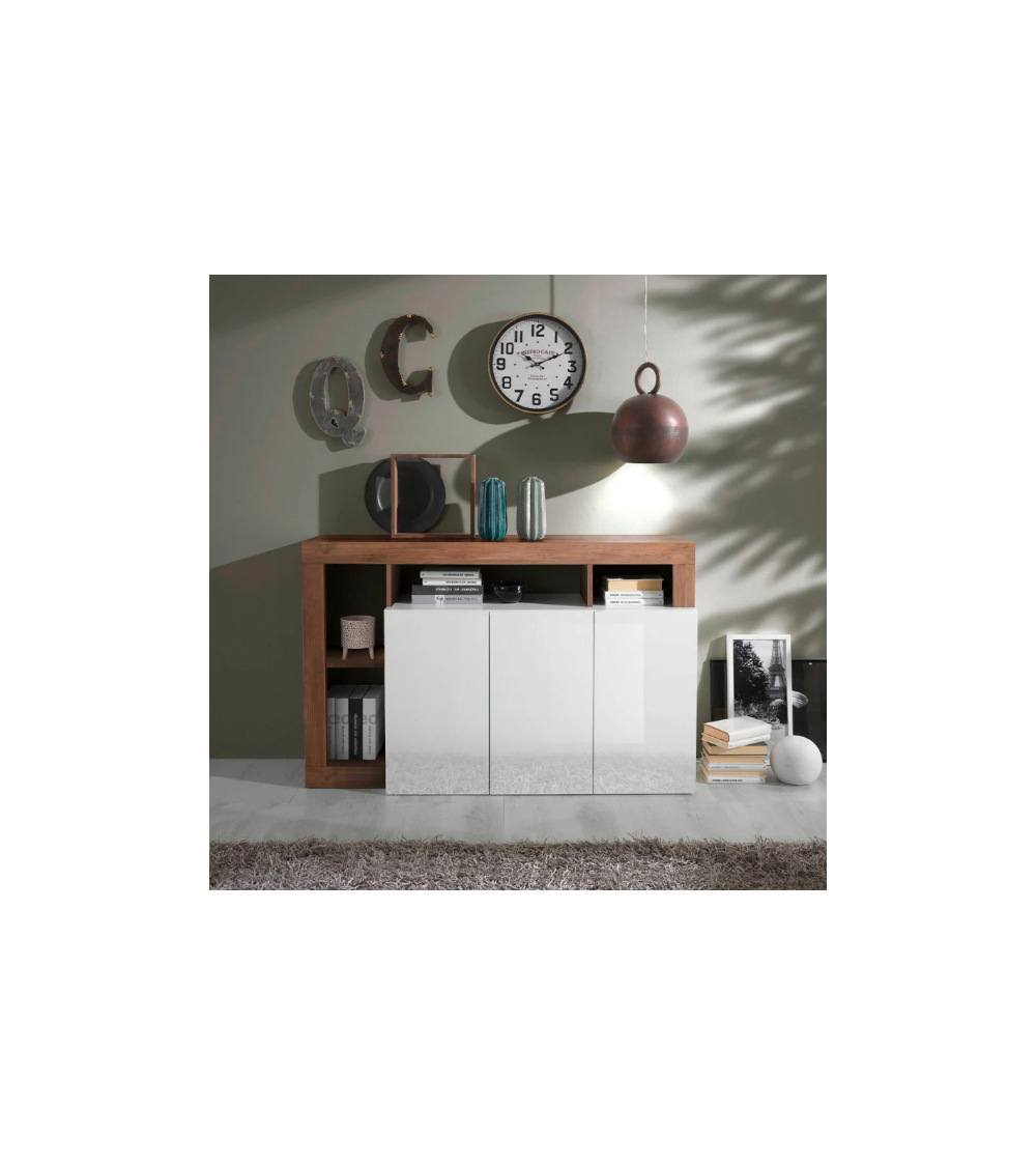 Buffet HAMBURG 3 portes – Blanc laqué brillant / Bois Mercure